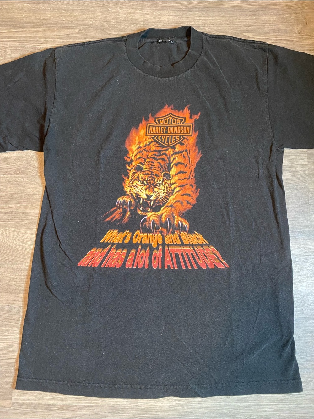 Y2K Harley-Davidson Black Tee with Orange Flaming Tiger